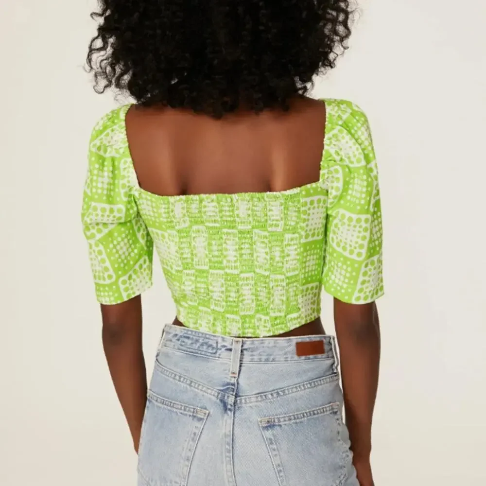 The Odells Patchwork Crop Top LARGE Bright Green Smocked Linen Designer $148 - Picture 3 of 10